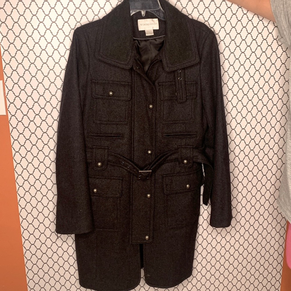 Worthington women’s wool blend belted coat, dark gray, size Med
